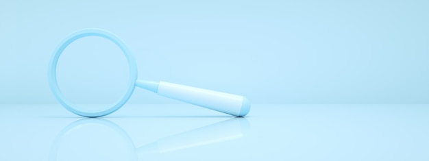 Rendering 3D della lente di ingrandimento su sfondo blu, immagine panoramica