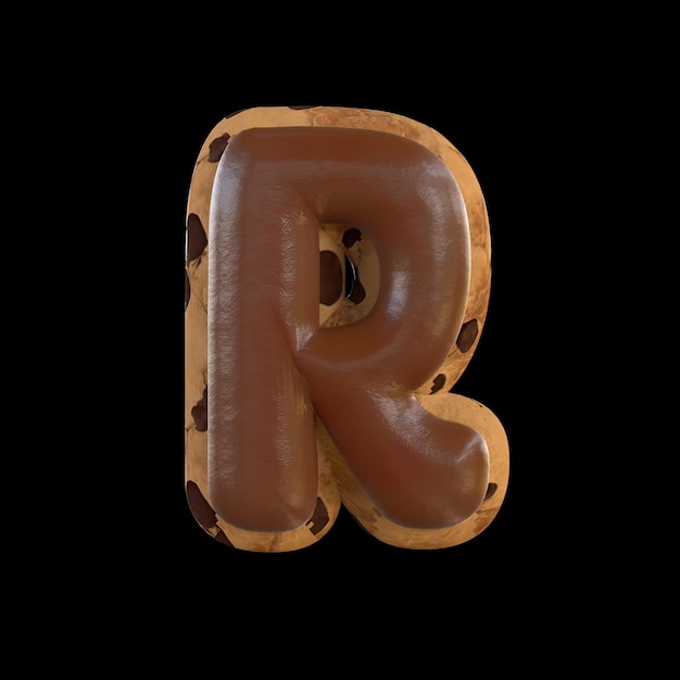 Rendering 3d della lettera R che ricrea un biscotto con cioccolato in cima