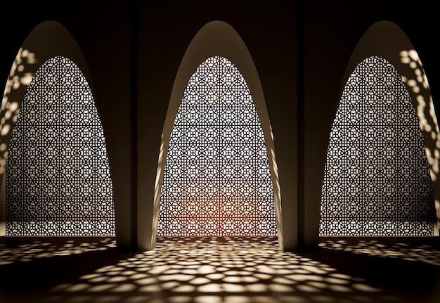 Rendering 3d della luce dell'ombra dell'ornamento delle finestre islamiche