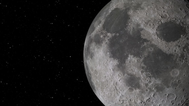 Rendering 3D della Luna sullo sfondo dello spazio con crateri illuminati e suolo lunare