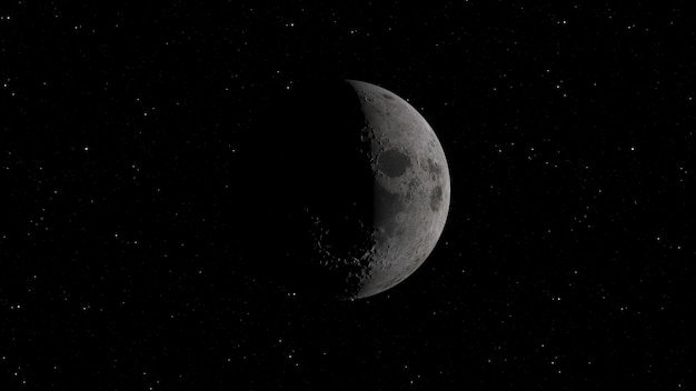 Rendering 3D della Luna sullo sfondo dello spazio con crateri illuminati e suolo lunare