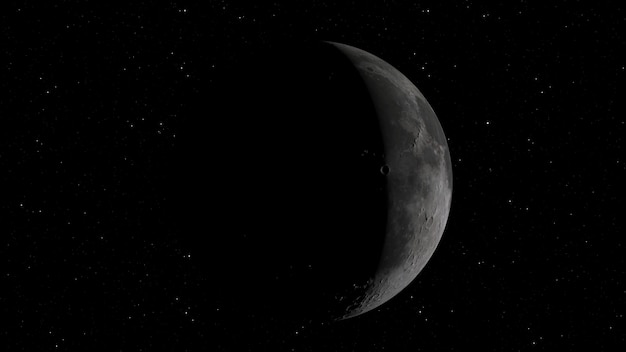 Rendering 3D della Luna sullo sfondo dello spazio con crateri illuminati e suolo lunare