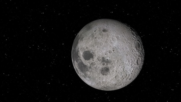 Rendering 3D della Luna sullo sfondo dello spazio con crateri illuminati e suolo lunare