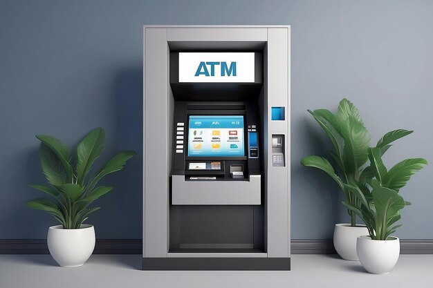 Rendering 3D della macchina ATM sullo sfondo concetto di business bancario e tecnologia 3D rendering illustrazione in stile cartone animato