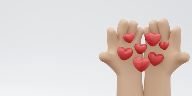 Rendering 3D della mano a forma di cuore e spazio di copia isolato su sfondo bianco Concetto di San Valentino, espressione d'amore, supporto sociale e donazione. Illustrazione di rendering 3D in stile cartone animato.