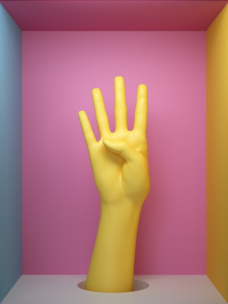 Rendering 3D della mano artificiale gialla femminile quattro dita in su. Parte del corpo del manichino all'interno della scatola quadrata.