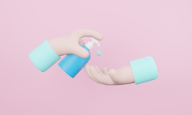 Rendering 3D della mano che dà il disinfettante per le mani ad altri su sfondo rosa chiaro