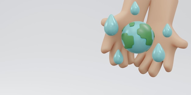Rendering 3D della mano che tiene l'icona della terra con goccia d'acqua con spazio di copia su sfondo bianco concetto di giornata mondiale dell'acqua 3D Render illustrazione stile cartone animato