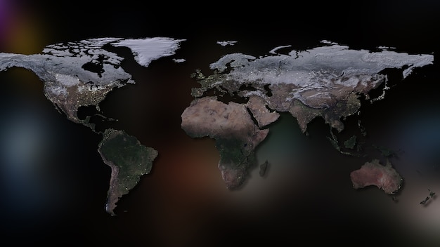 Rendering 3D della mappa del pianeta terra con continenti e oceani