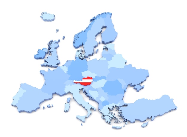 Rendering 3D della mappa dell'Europa, Austria con bandiera