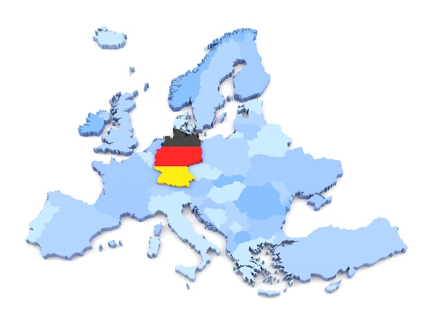 Rendering 3D della mappa dell'Europa, Germania con bandiera