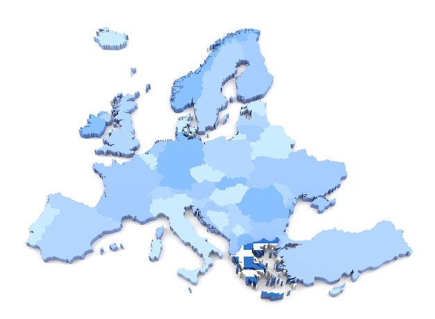 Rendering 3D della mappa dell'Europa, Grecia con bandiera