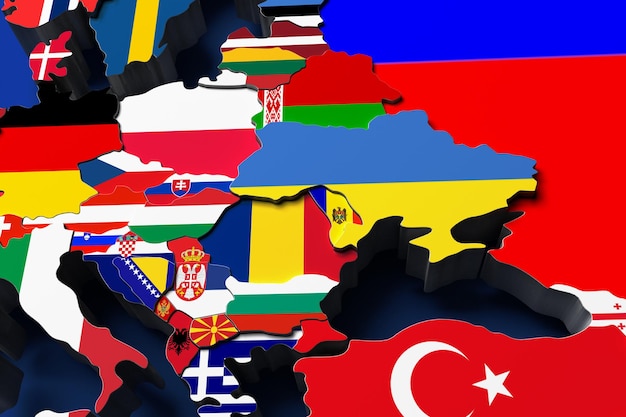 Rendering 3d della mappa politica dell'Europa