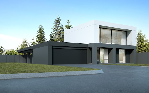 Rendering 3D della moderna casa di lusso con garage