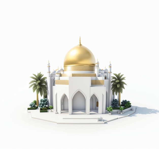 Rendering 3d della moschea in miniatura con sfondo bianco