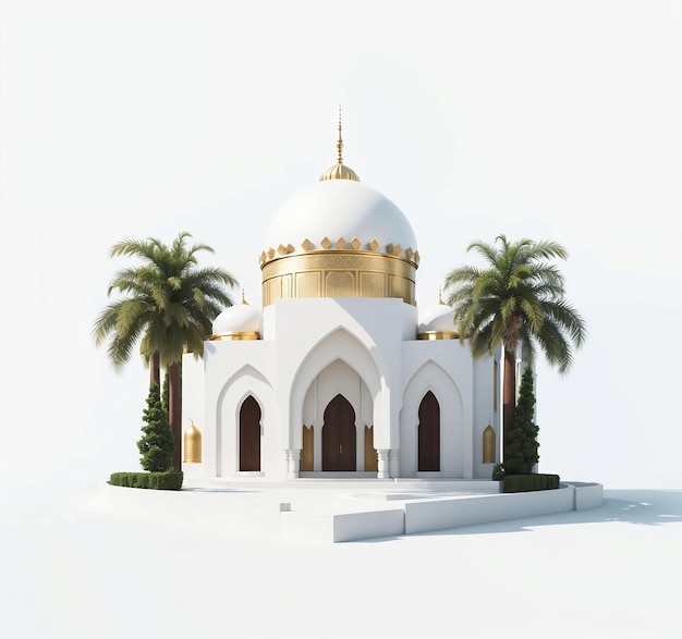 Rendering 3d della moschea in miniatura con sfondo bianco