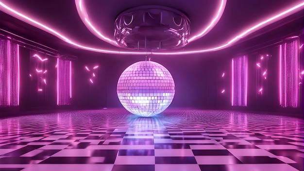 Rendering 3d della palla da discoteca nella stanza con luci al neon viola e rosa