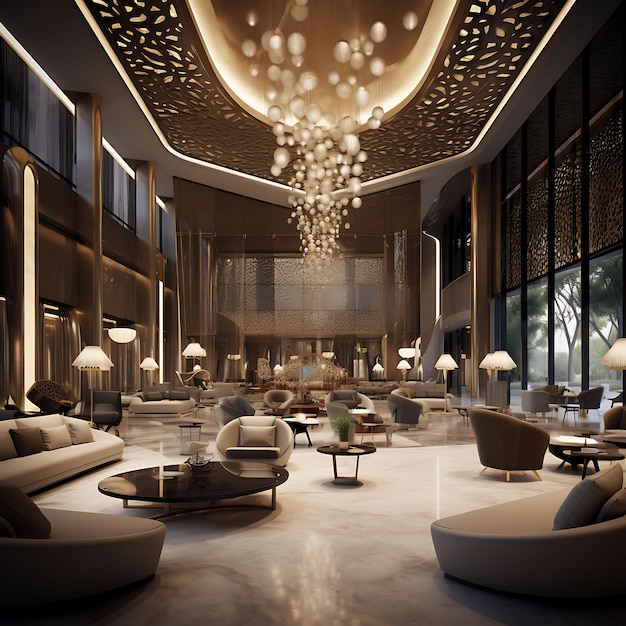 Rendering 3D della reception di un hotel di lusso