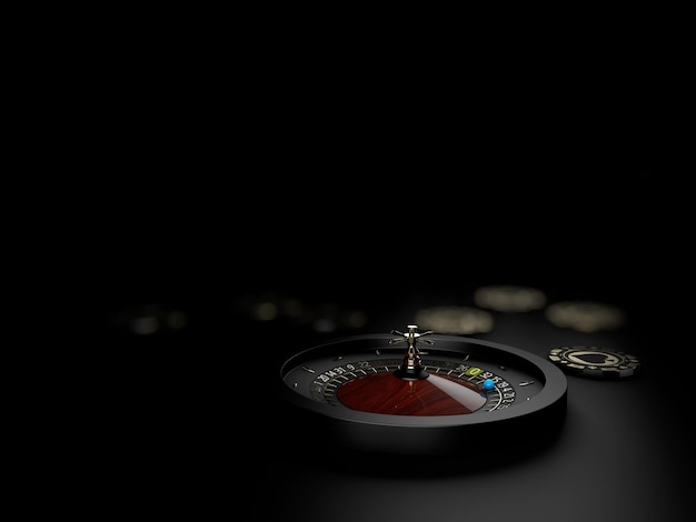 Rendering 3D della roulette con chip sullo sfondo nero.