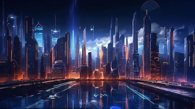 Rendering 3D della scena del paesaggio della mega città di Cyber Night Ai generativa