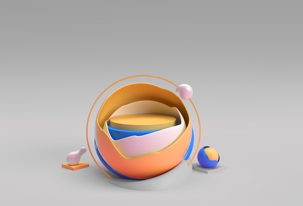 Rendering 3D della scena della palla rotta della scena del podio minima per il design pubblicitario dei prodotti di visualizzazione.