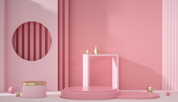 Rendering 3D della scena di sfondo rosa geometrico con un semplice podio per i prodotti di visualizzazione