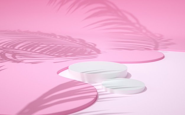 Rendering 3D della scena in sfondo rosa e bianco geometrico con un podio per i prodotti di visualizzazione