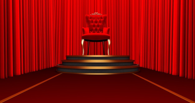 Rendering 3D della sedia reale rossa su un piedistallo. Posto per il re. Trono reale su sfondo di seta rossa,