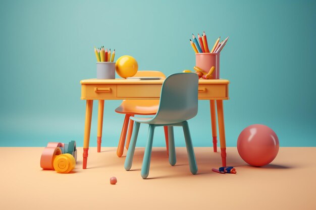 Rendering 3D della stanza dei bambini con tavolo, sedia e giocattoli