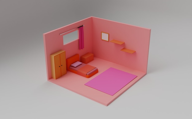 rendering 3D della stanza rosa isometrica