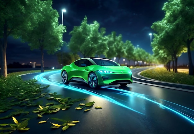 Rendering 3d della tecnologia futuristica dei veicoli elettrici su Neon Highway ai generato