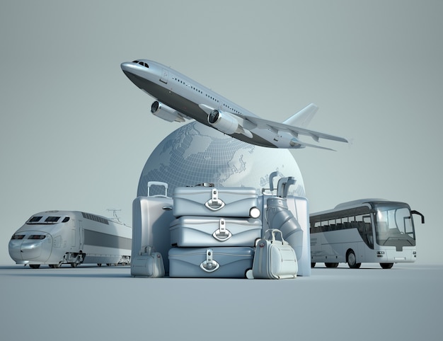 Rendering 3D della Terra, un aereo in volo, un treno e un pullman con una pila di bagagli