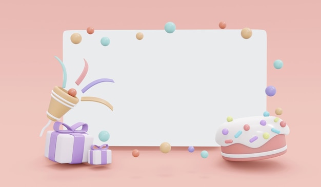 Rendering 3D della torta e dei coriandoli della scatola regalo del popper del partito con lo spazio della copia della carta bianca nello sfondo del banner a tema pastello. Illustrazione di rendering 3D.