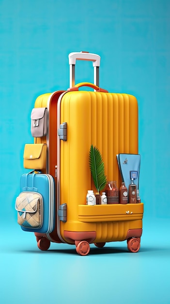 Rendering 3D della valigia gialla con accessori da spiaggia su sfondo blu Tempo di vacanza Estate