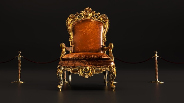 Rendering 3D della vecchia poltrona re con barriere dorate su sfondo nero trono del re
