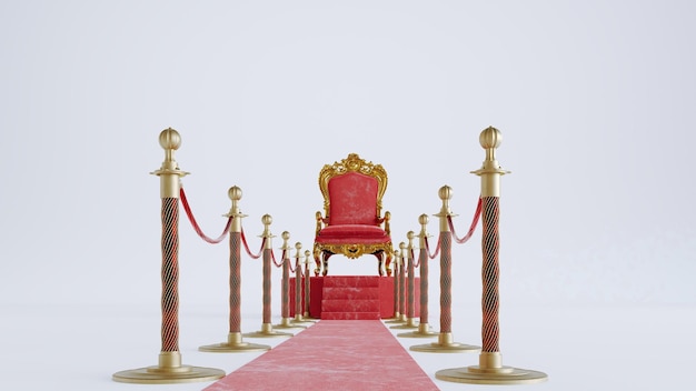 Rendering 3D della vecchia poltrona re con tappeto rosso e barriere dorate su sfondo bianco re trono concetto vip