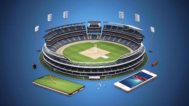 Rendering 3D della vista dello stadio di cricket con attrezzature del torneo e illustrazione per smartphone su sfondo blu