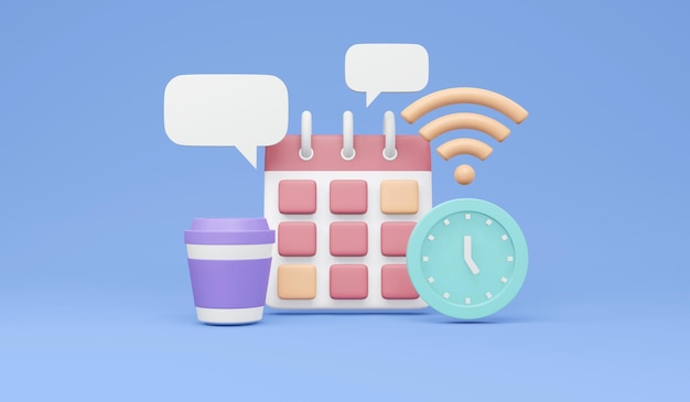 Rendering 3D delle icone degli elementi dell'agenda calendario internet WiFi orologio tazza di caffè simbolo del fumetto sullo sfondo concetto di gestione del tempo. Illustrazione di rendering 3D in stile cartone animato.