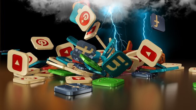 Rendering 3D delle icone dei social media che cadono dal cloud attraverso un fulmine