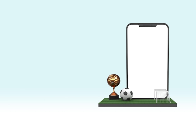 Rendering 3D dello schermo dello smartphone con la rete di obiettivo della Coppa del Trofeo vincente di calcio sul campo su sfondo blu pastello