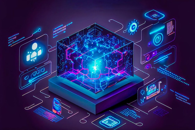 Rendering 3D dello sfondo della tecnologia Metaverse con connessioni di rete blockchain