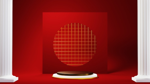 Rendering 3D dello sfondo rosso del podio per i prodotti di presentazione.