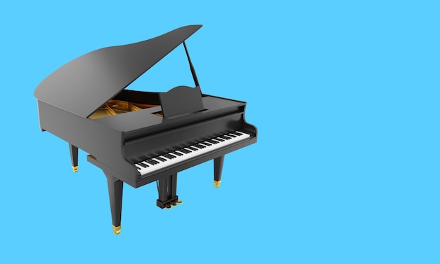 Rendering 3d dello strumento musicale del pianoforte a coda nero realistico Icona su sfondo blu spazio per il testo