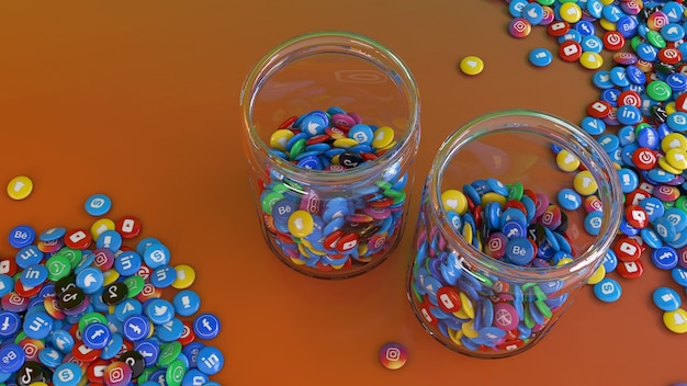 Rendering 3D di 2 barattoli di vetro pieni di pillole lucide di social network più popolari su sfondo colorato