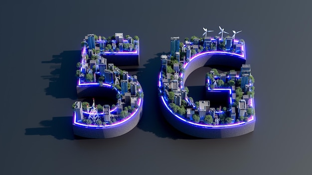 Rendering 3D di 5G con edificio commerciale e paesaggio verde in luce blu viola Nuova connessione di rete 5G Internet mobile ad alta velocità