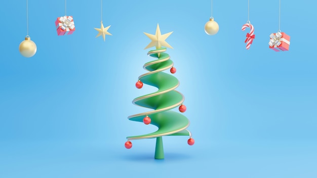 Rendering 3D di albero di Natale con decorazioni al giorno di Natale