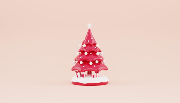 Rendering 3D di albero di Natale rosso e scatola regalo con neve su podio rotondo decorazioni natalizie