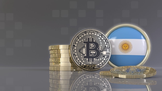 Rendering 3D di alcuni Bitcoin metallici davanti a un badge con la bandiera argentina