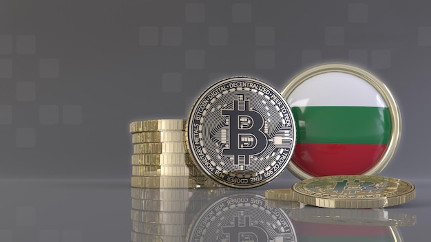 Rendering 3d di alcuni Bitcoin metallici davanti a un badge con la bandiera bulgara