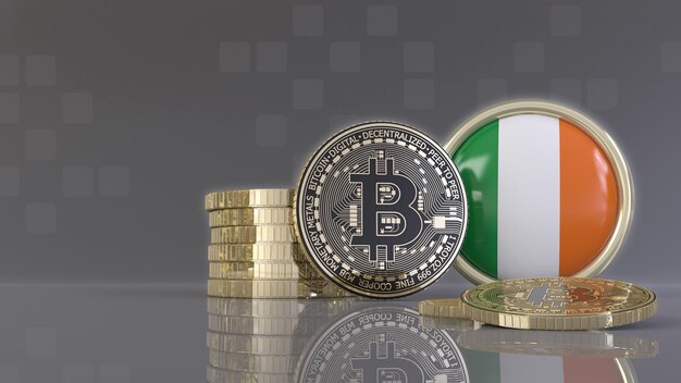 Rendering 3D di alcuni Bitcoin metallici davanti a un badge con la bandiera irlandese